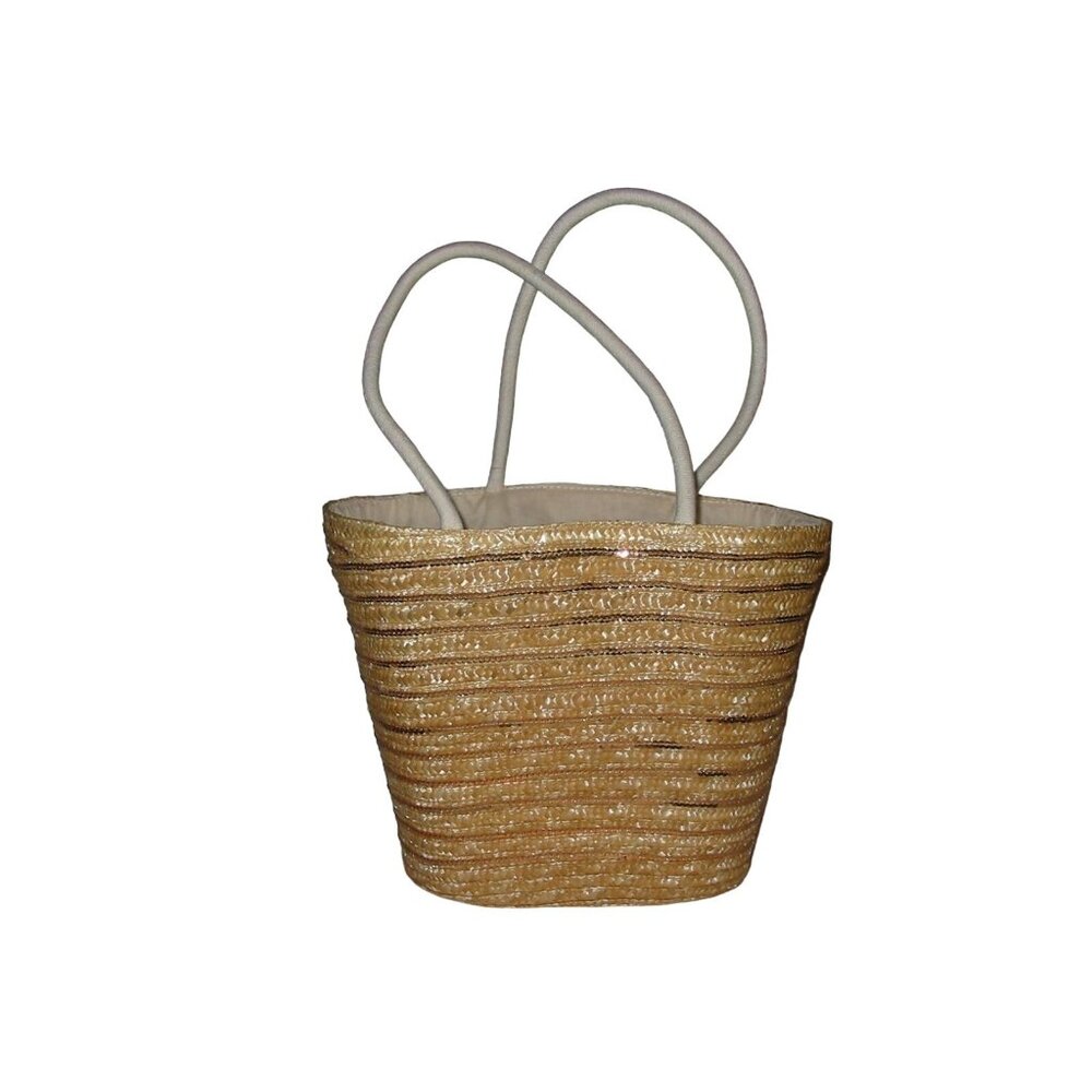 Bay Sky Handwoven Straw Tote Bag With White Handles For Beach & Shopping